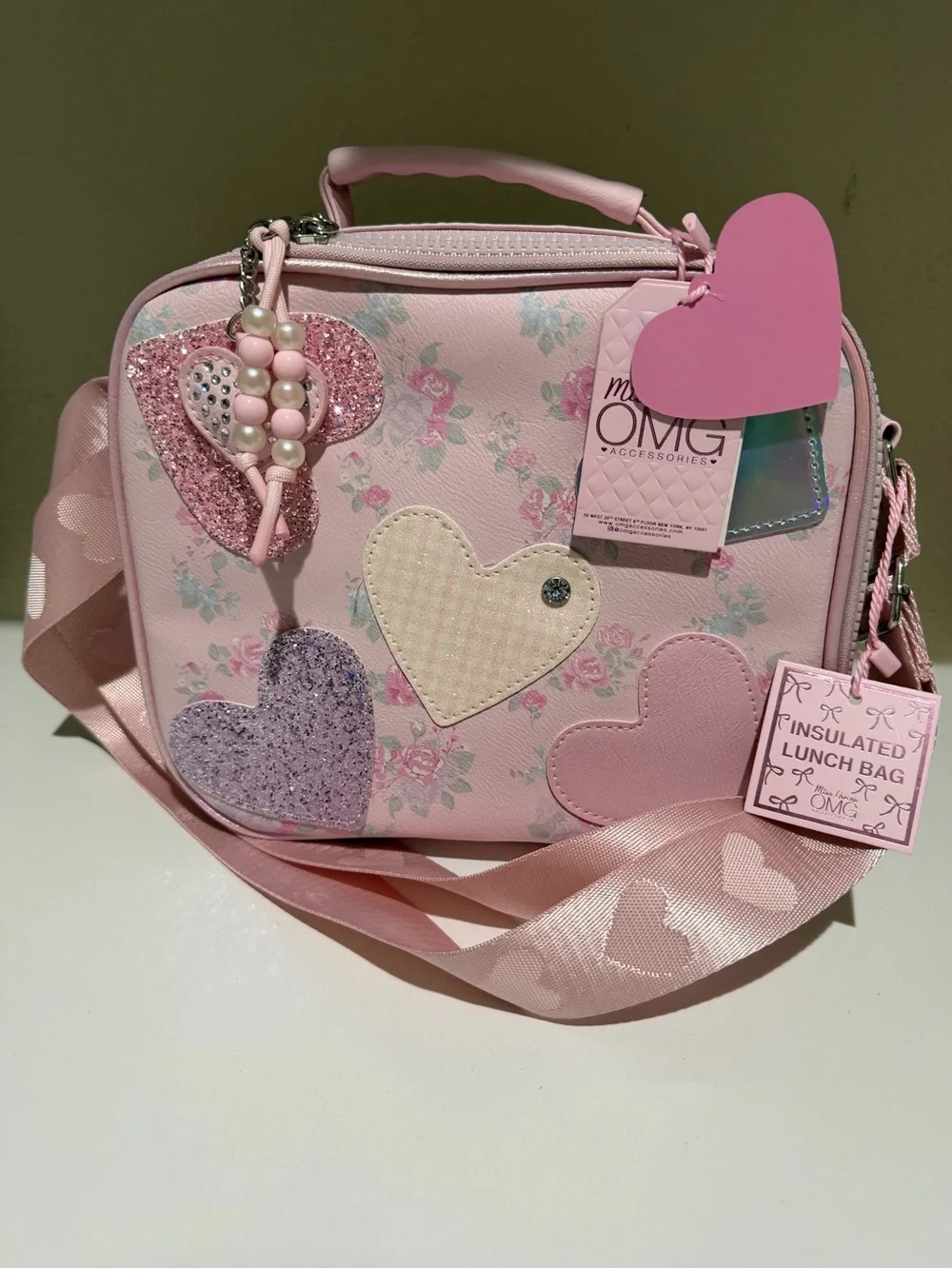 OMG Accessories  Girls' Heart Glitters Floral Lunch Bag With Charm